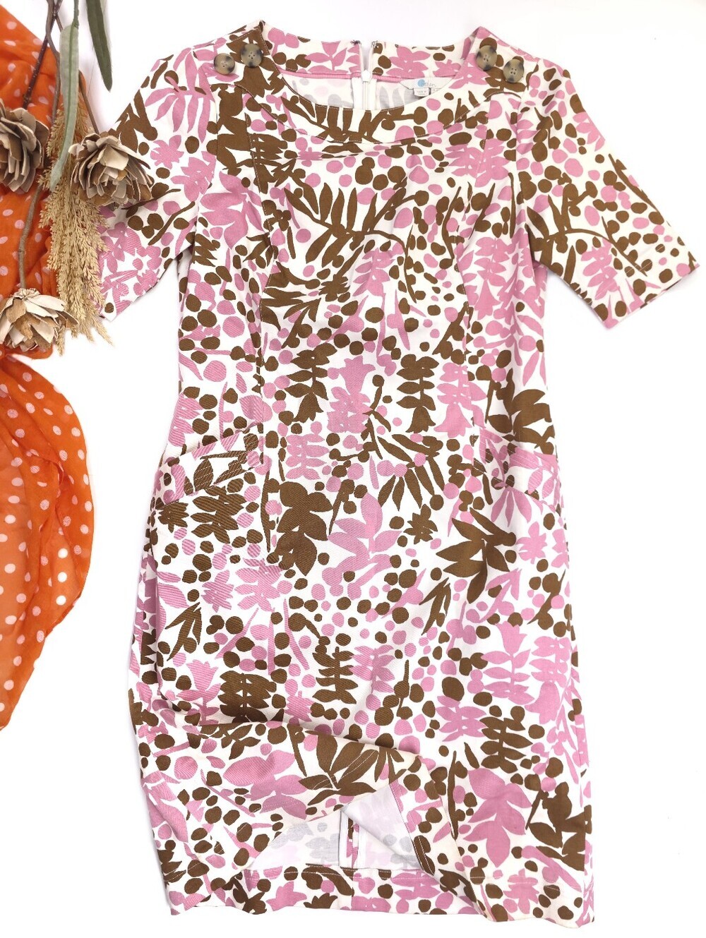 Boden Pink & Brown Floral Cotton Shift Dress Sz 6R